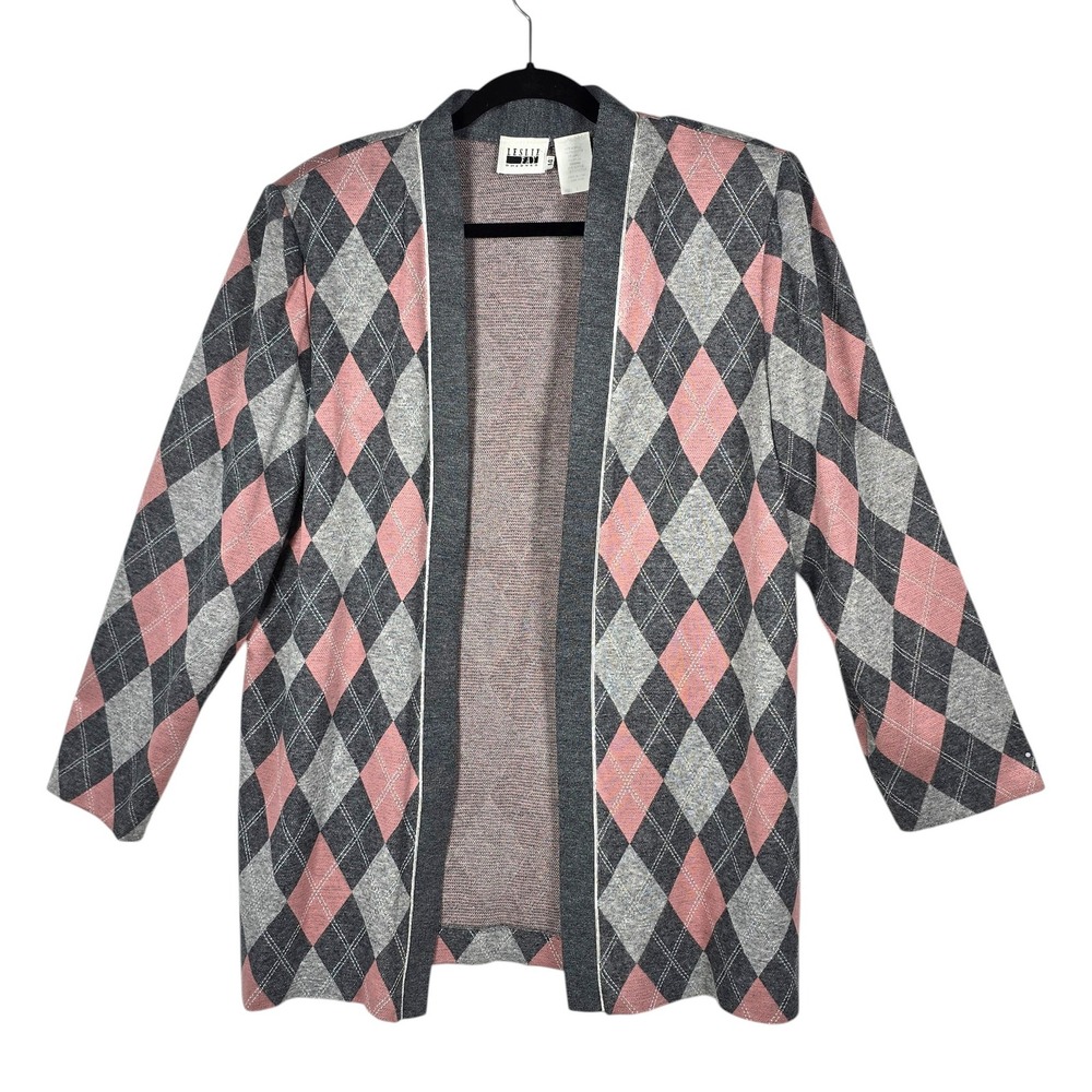 Leslie Fay‎ Argyle Knit Cardigan Jacket Grey Pink Metallic Lurex Vintage Size 14